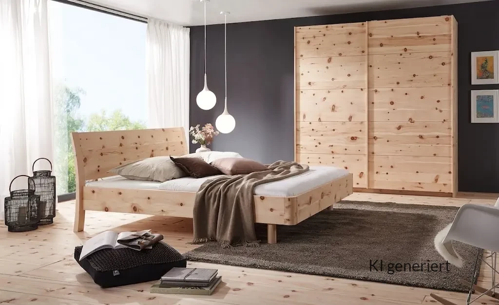 Holzschmiede Bett Swing aus Zirbenholz mit natürlicher Maserung.