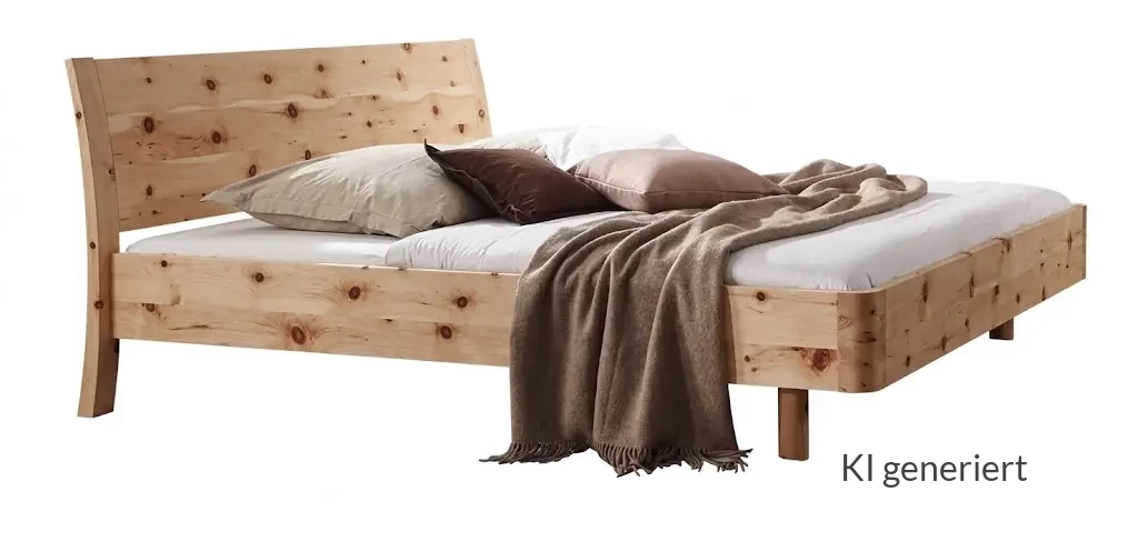 Holzschmiede Bett Swing aus Zirbenholz mit geschwungenem Kopfteil.