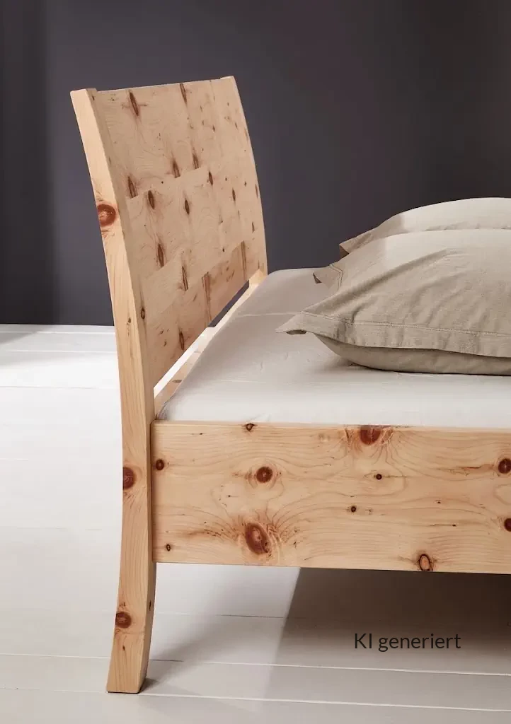Holzschmiede Bett Swing aus Zirbenholz mit natürlicher Maserung.
