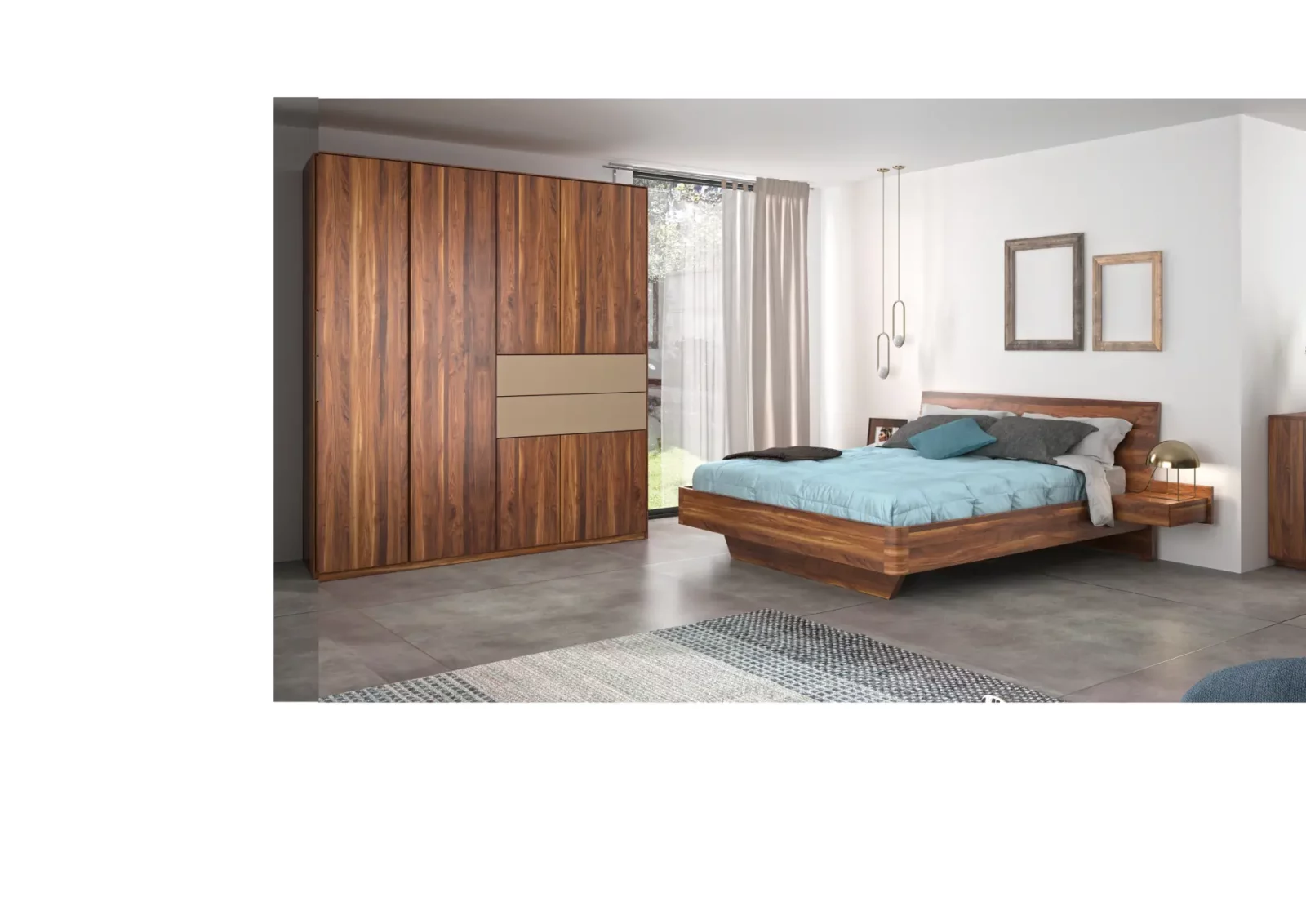 Holzschmiede Bett Tenso aus Holz mit schwebendem Design und integriertem Nachttisch.