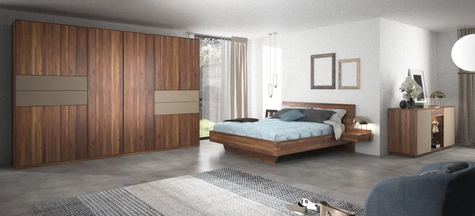 Holzschmiede Bett Tenso in dunklem Holz mit schwebendem Design.