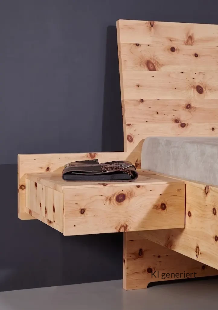 Holzschmiede Bett Tenso aus Zirbenholz mit markanter Maserung.