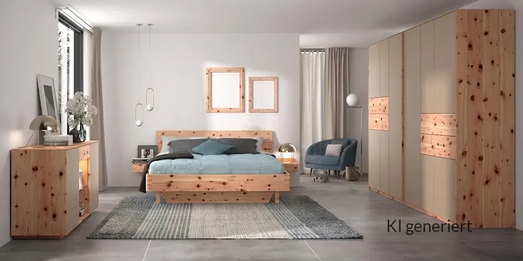 Holzschmiede Bett Tenso aus Zirbenholz mit natürlicher Maserung.