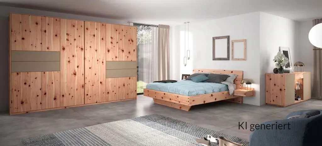 Holzschmiede Bett Tenso aus Zirbenholz mit natürlicher Maserung.