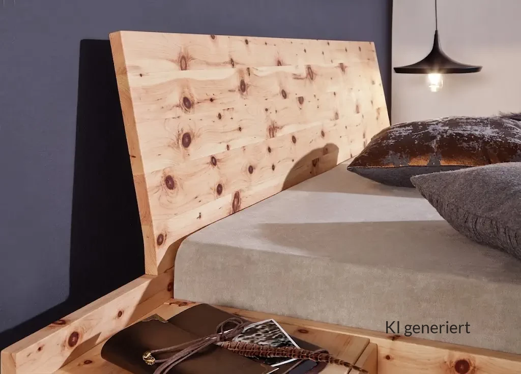 Holzschmiede Bett Tenso aus Zirbenholz mit markanter Maserung.