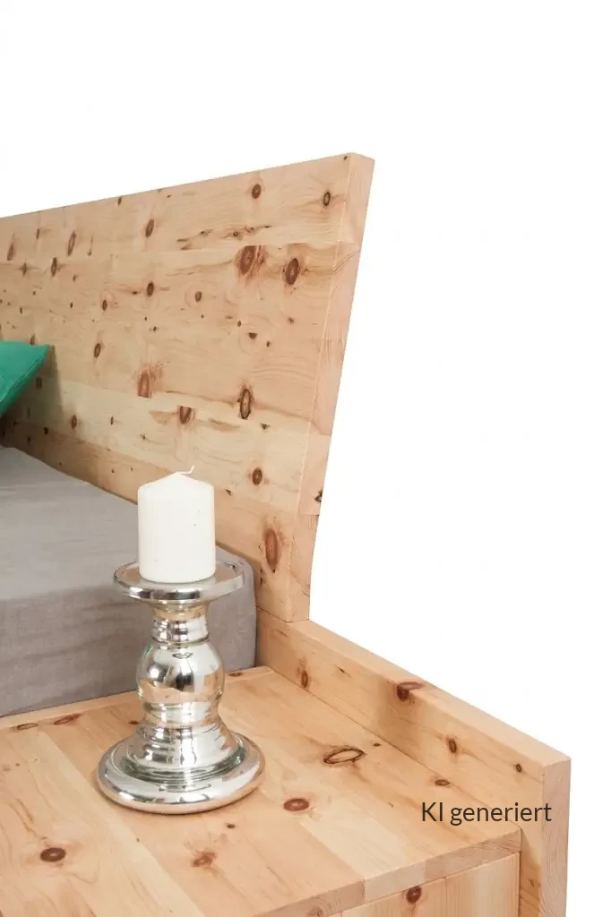 Holzschmiede Bett Tenso aus Zirbenholz mit markanter Holzmaserung.