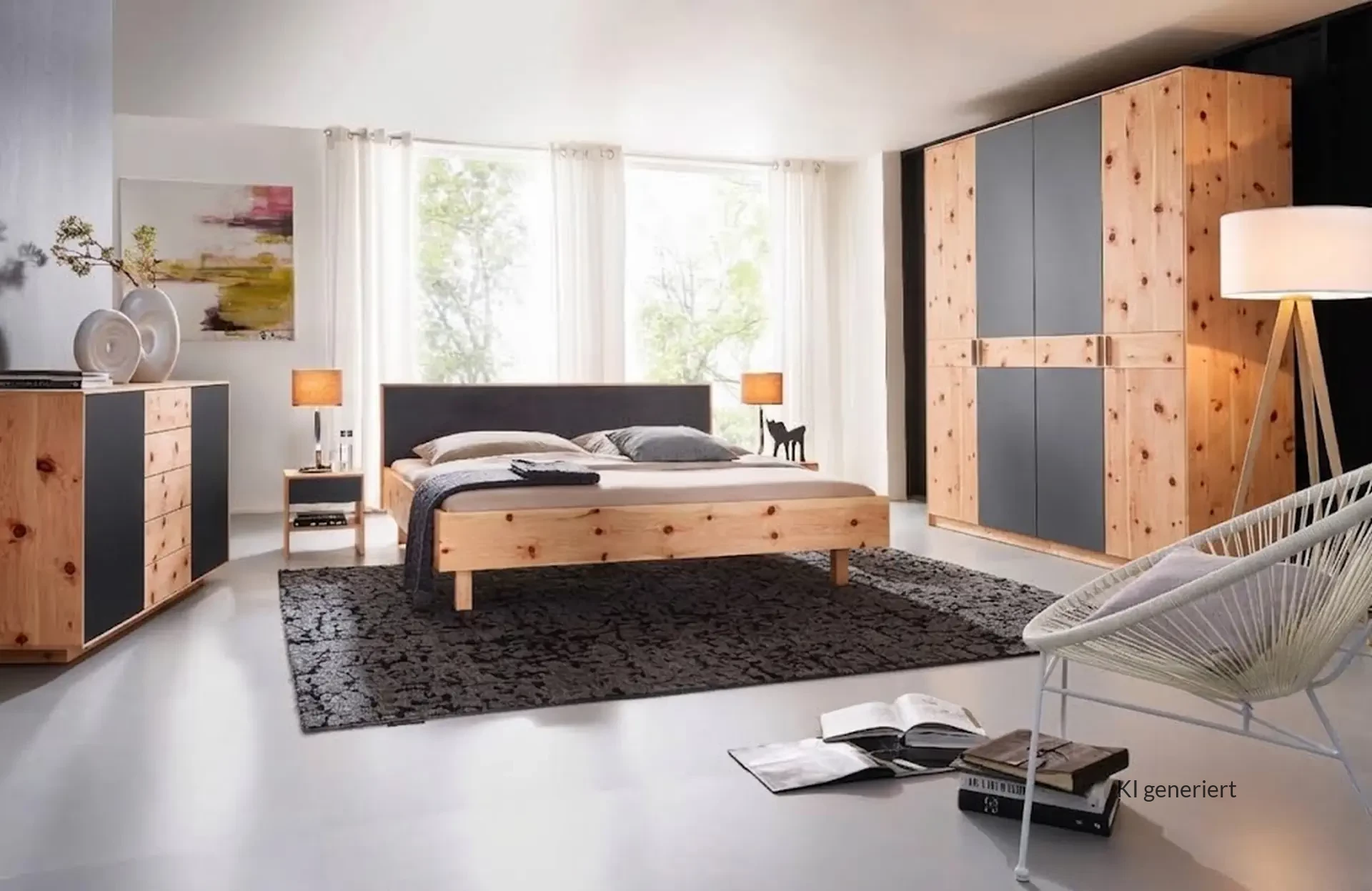 Holzschmiede Jaso Kleiderschrank aus Zirbenholz mit grauen Farbglaselementen.