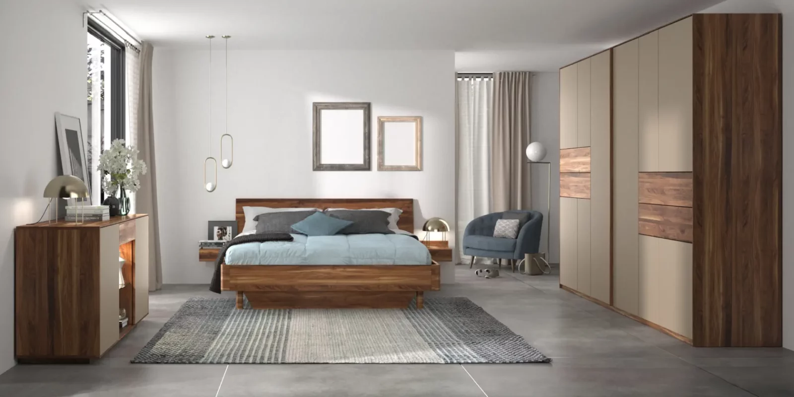 Holzschmiede Jaso Bett aus Holz mit passendem Kleiderschrank und Nachttischen.