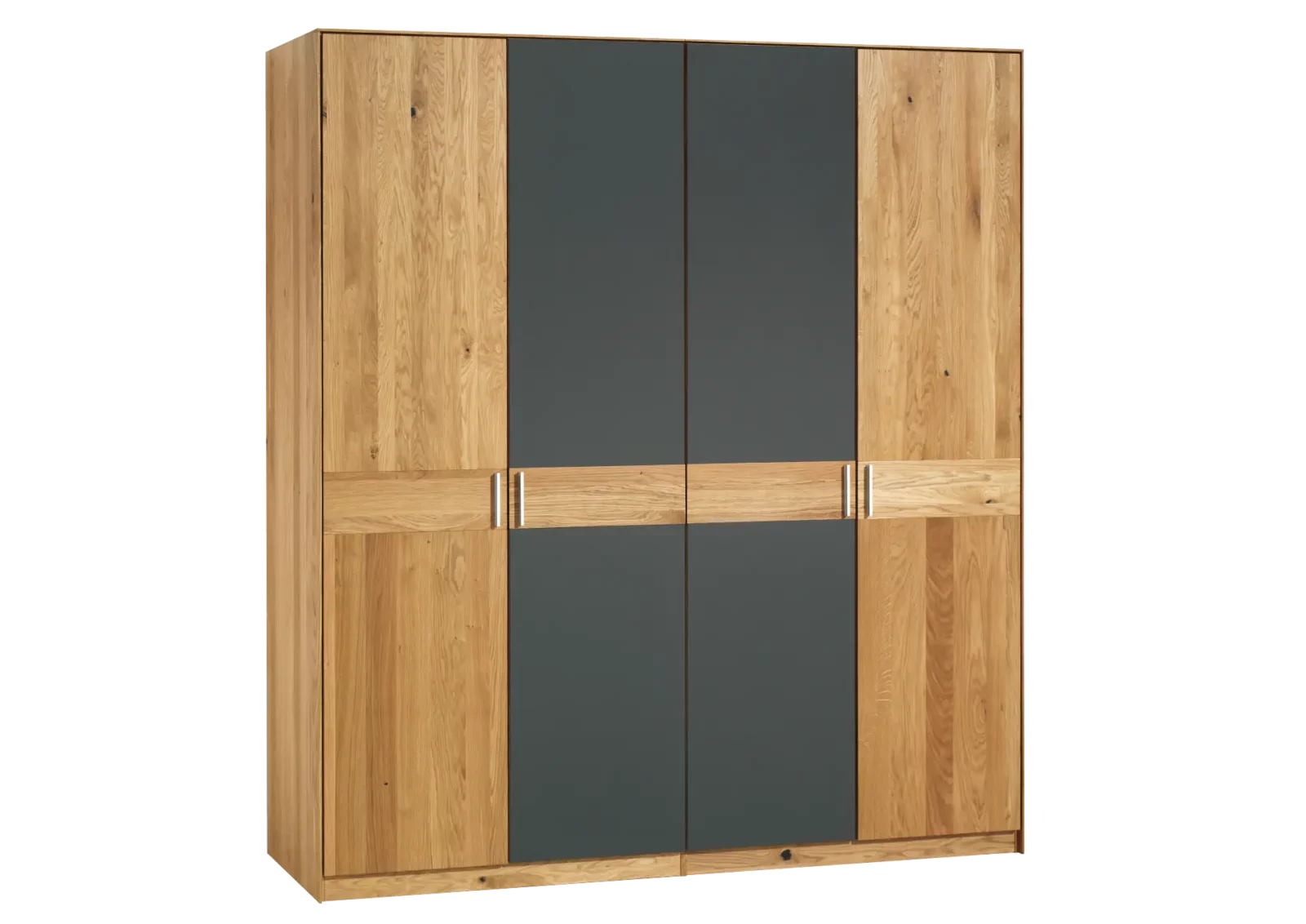 Holzschmiede Kleiderschrank Jaso in Eiche mit grauen Türen.