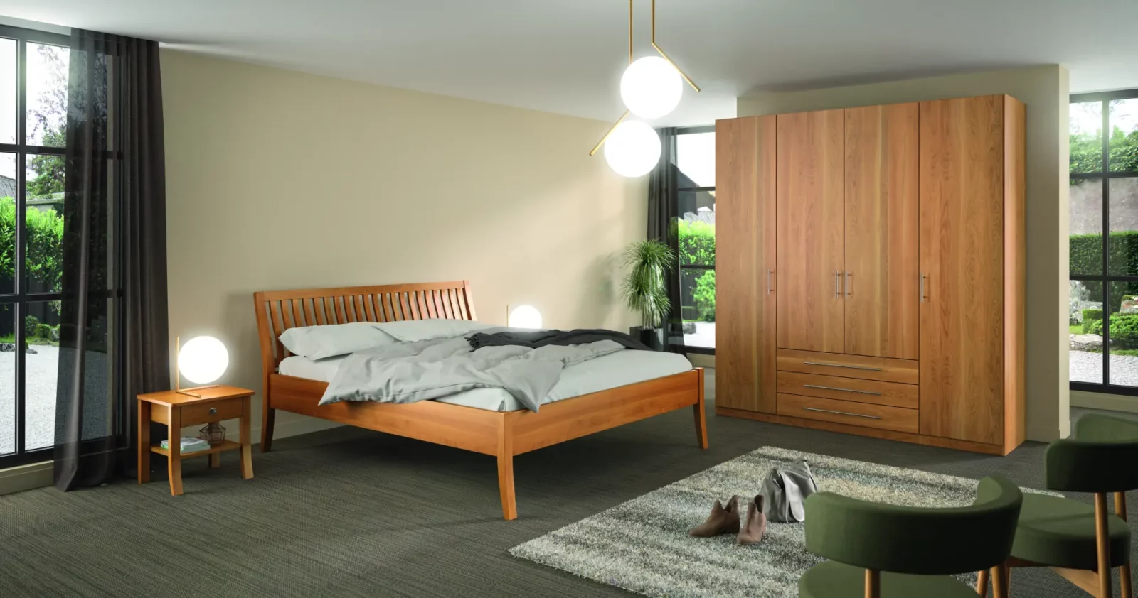 Holzschmiede Bett Kubus12 aus Holz mit passendem Nachttisch und Kleiderschrank.