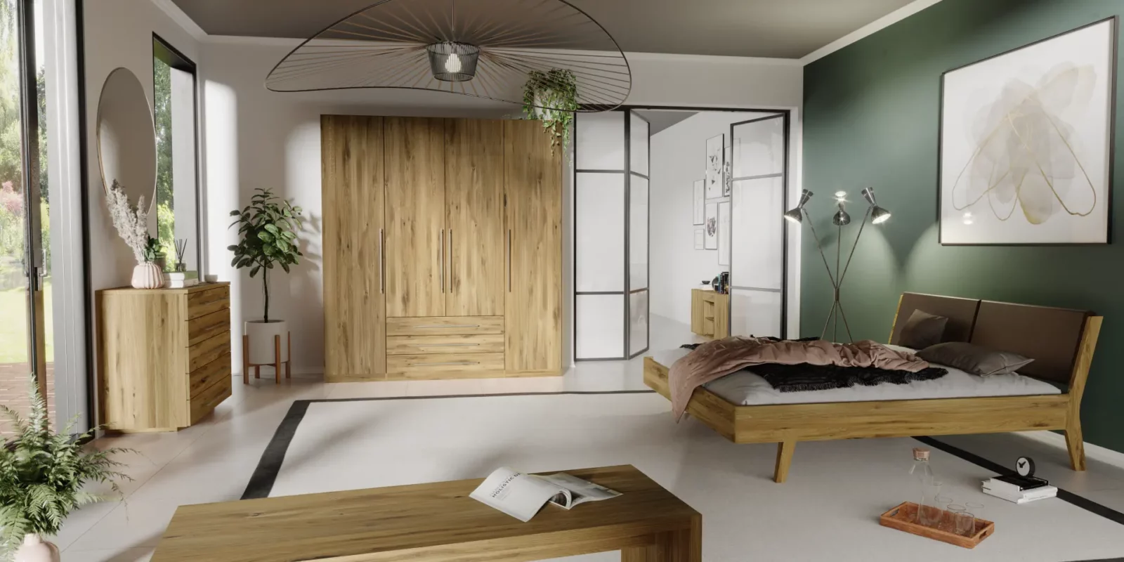Holzschmiede Kleiderschrank Kubus14 aus hellem Holz mit Schubladen.