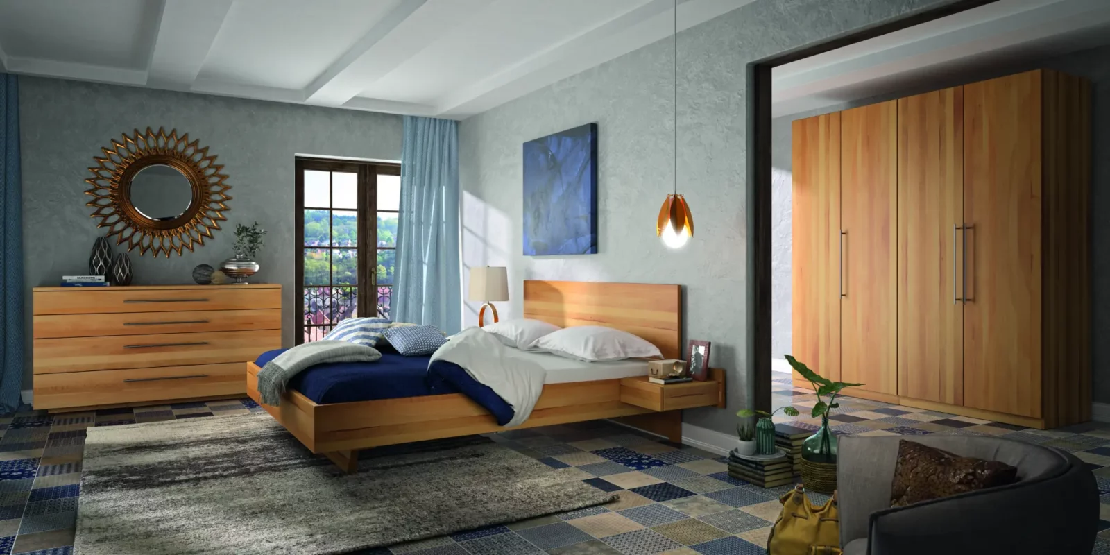 Holzschmiede Bett Kubus15 aus hellem Holz mit schlichtem Design.