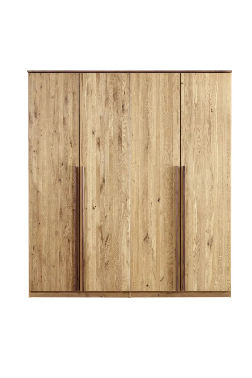 Holzschmiede Kleiderschrank Kubus18 aus hellem Holz mit vertikalen Griffen.