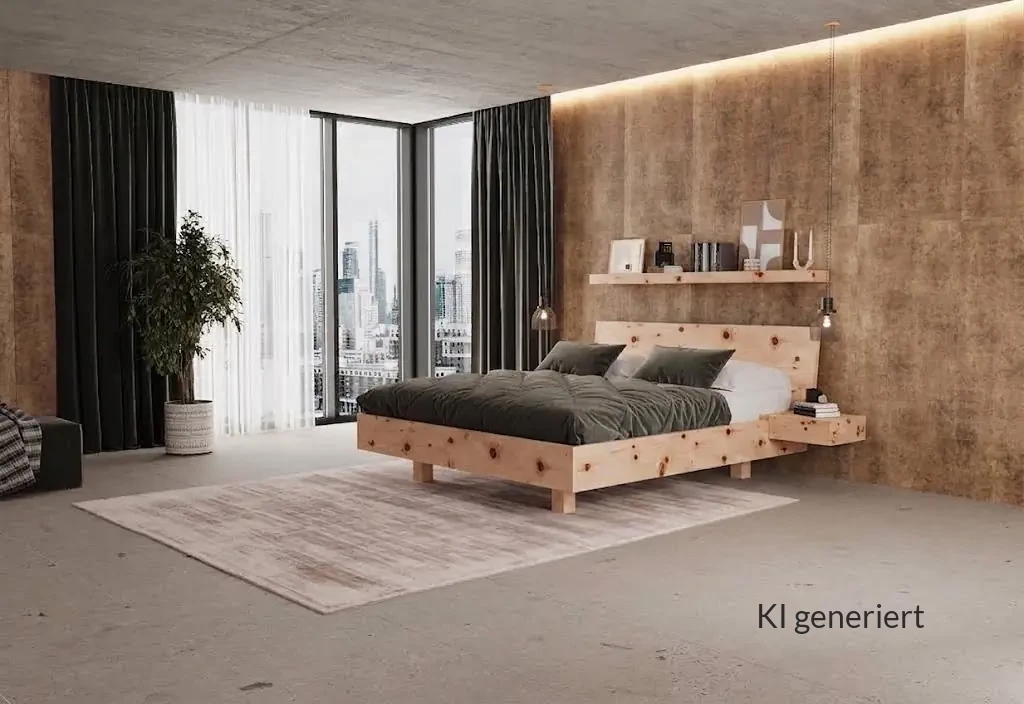 Hüsler Nest Bett Onira aus Zirbenholz mit schwebendem Nachttisch.