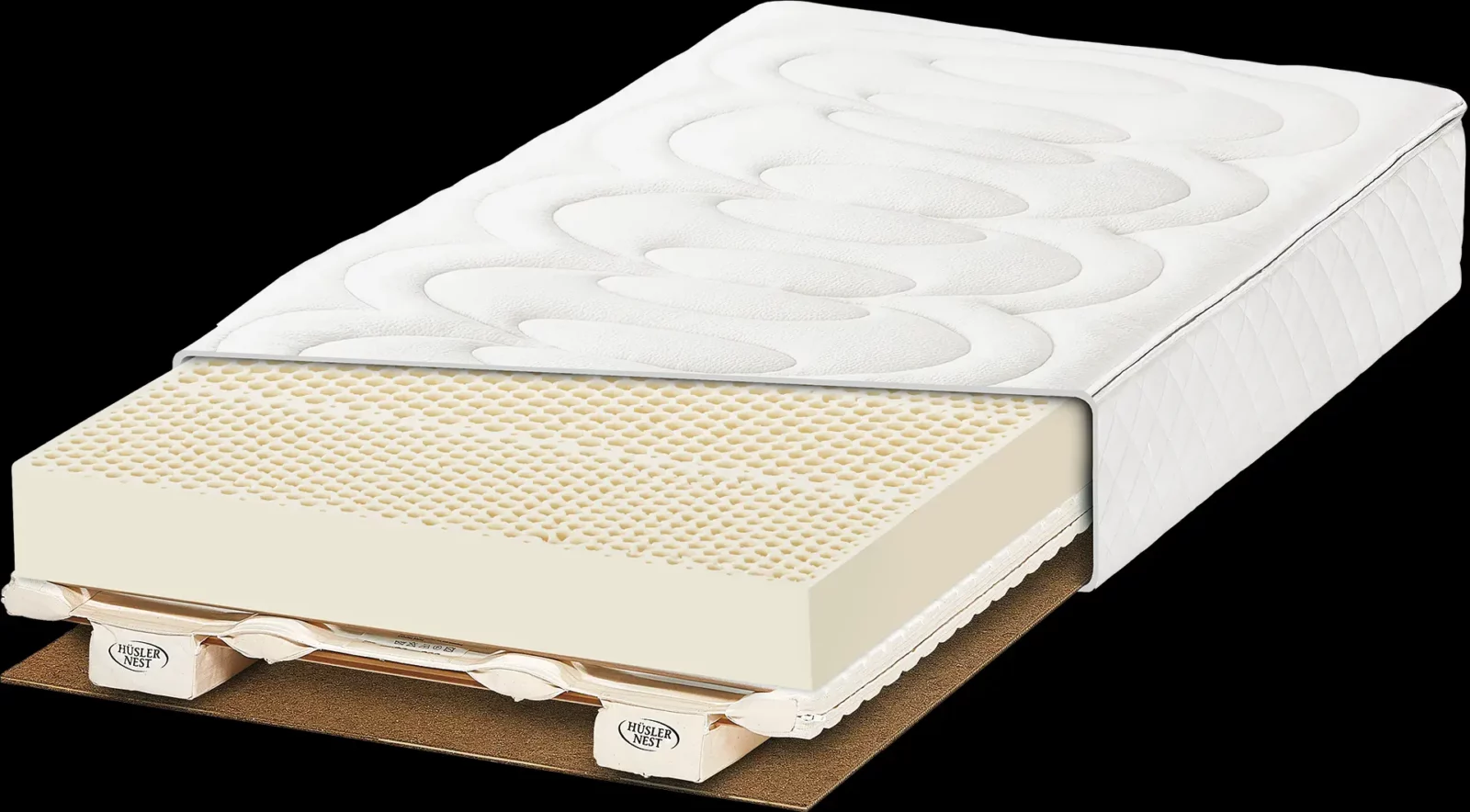 Hüsler Nest Honey Matratze mit Latexkern und weißem Bezug.