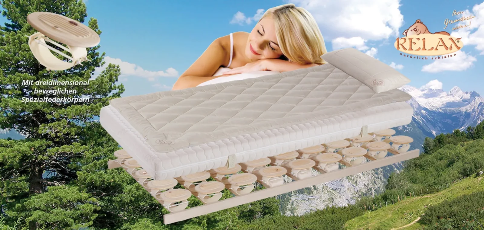 Relax2000 Matratze mit dreidimensional beweglichen Spezialfederkörpern in Naturfarbe.