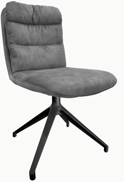 Stuhl Agnes in grauem Stoff mit schwarzem Metallgestell.