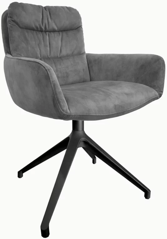 Stuhl Agnes in grauem Stoff mit schwarzem Metallgestell.