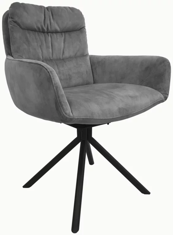 Stuhl Agnes in grauem Stoff mit schwarzem Metallgestell.