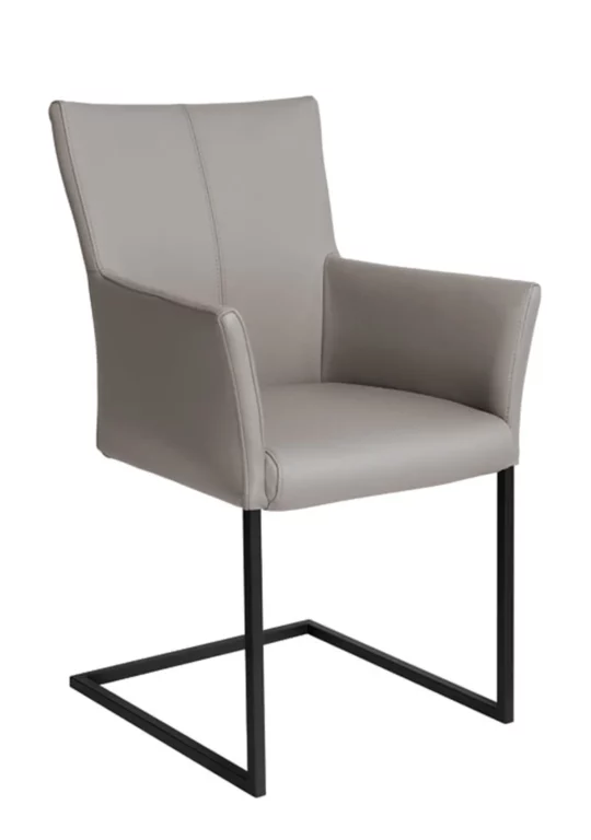 Stuhl Apia008, graues Leder, schwarzes Metallgestell, modernes Design.