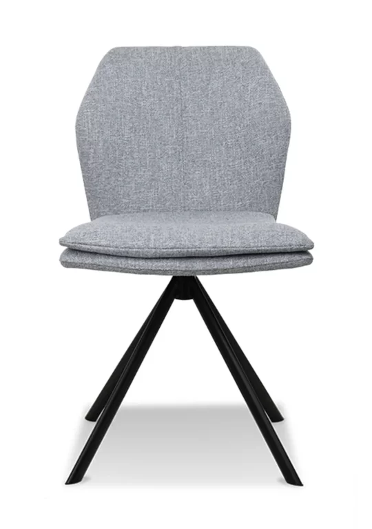 Stuhl Gufi, grauer Stoffbezug, schwarzes Metallgestell, modernes Design.