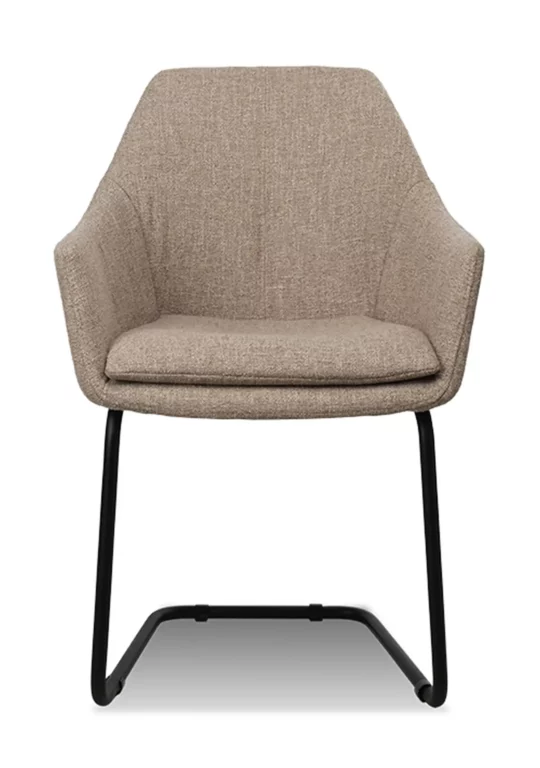 Stuhl Gufi 007, beige Stoffbezug, schwarzes Metallgestell, moderne Form.