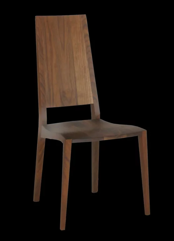 Stuhl Julia aus dunklem Holz mit geradlinigem Design.