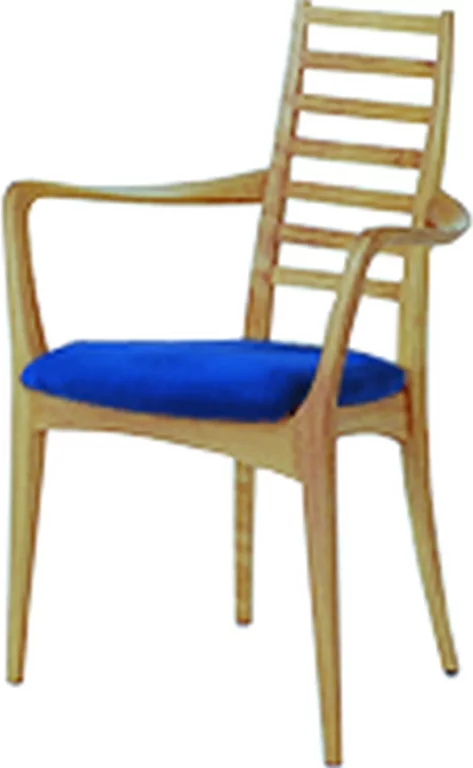 Stuhl Julia aus Holz mit blauer Polsterung und Sprossenlehne.
