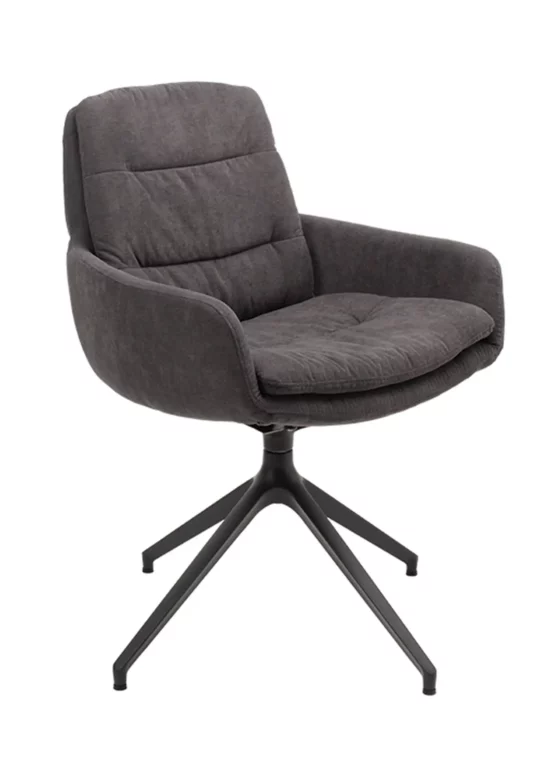 Stuhl Padi 005, grauer Stoff, schwarzes Metallgestell, gepolsterte Sitzfläche.