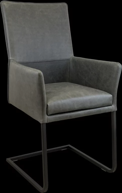 Stuhl Rafael, graues Leder, schwarzes Metallgestell, moderne Linienführung.