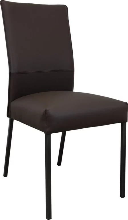 Stuhl Rafael, braunes Leder, schwarzes Metallgestell, schlichtes Design.
