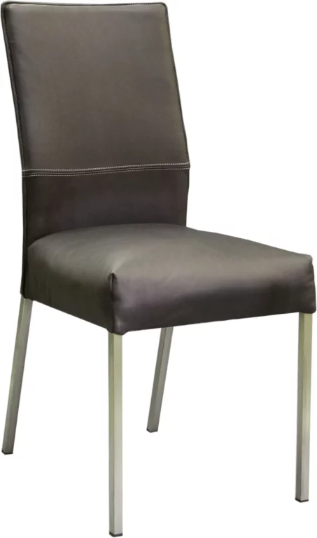 Stuhl Rafael in braunem Leder mit Metallbeinen.