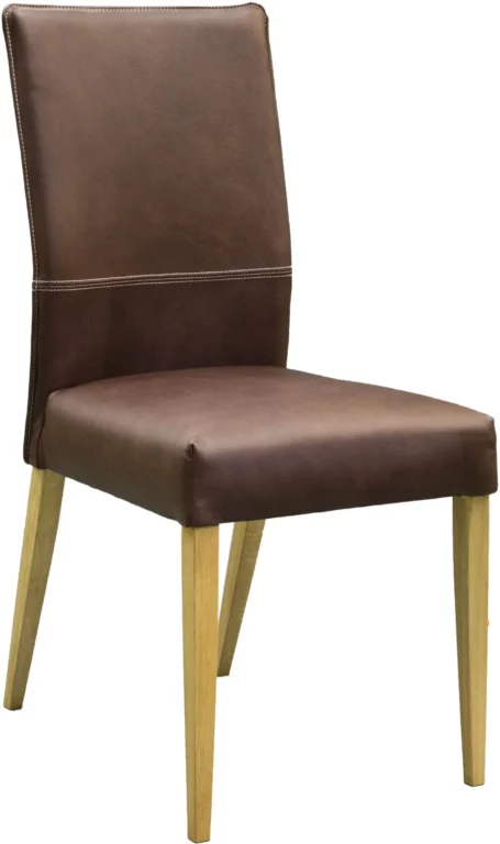 Stuhl Rafael, braunes Leder, helle Holzbeine, schlichtes Design.