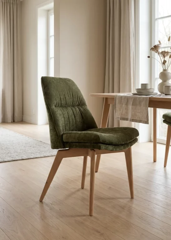 Stuhl Tara mit grünem Stoffbezug und Holzbeinen im skandinavischen Design.