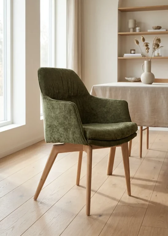 Stuhl Tara mit grünem Stoffbezug und Holzbeinen im modernen Design.