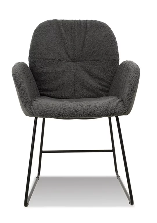 Stuhl Tempo 004, grauer Stoffbezug, schwarzes Metallgestell, moderne Form.