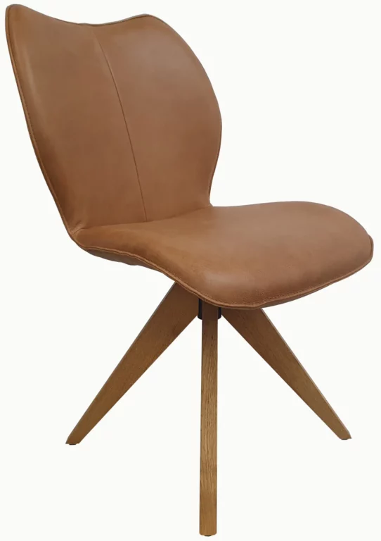 Stuhl Urban008 aus braunem Leder mit Holzbeinen.