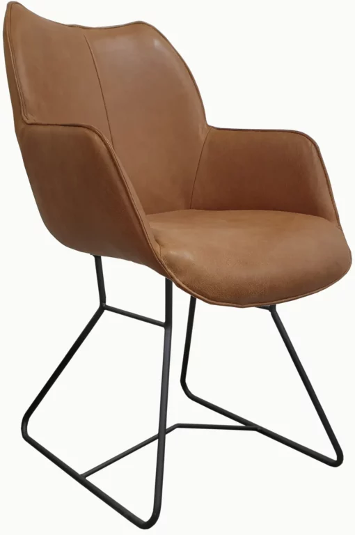 Stuhl Urban014 in braunem Leder mit schwarzem Metallgestell.