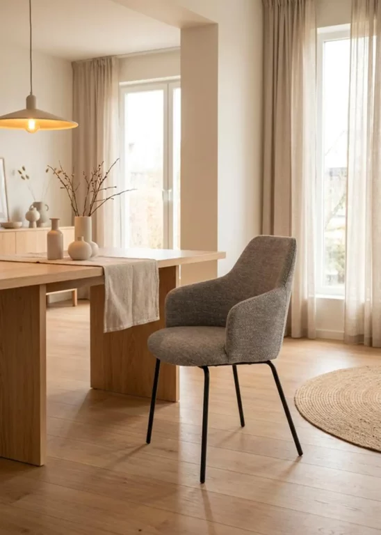 Stuhl Vivo 023, grauer Stoffbezug, schwarze Metallbeine, modernes Design.