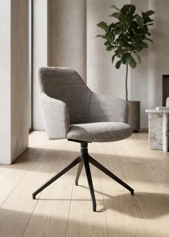 Stuhl Vivo 026, grauer Stoffbezug, schwarzes Metallgestell, modernes Design.