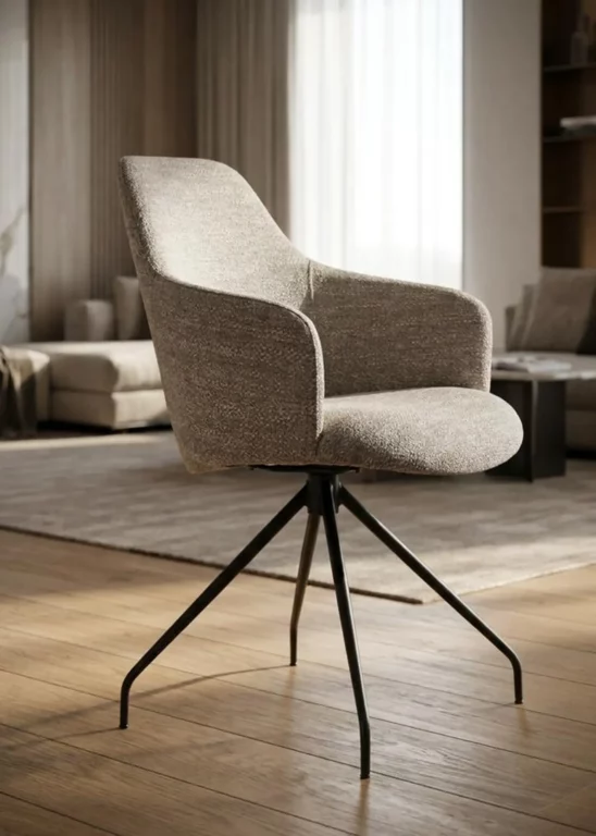 Stuhl Vivo 027 mit grauem Stoffbezug und schwarzem Metallgestell.