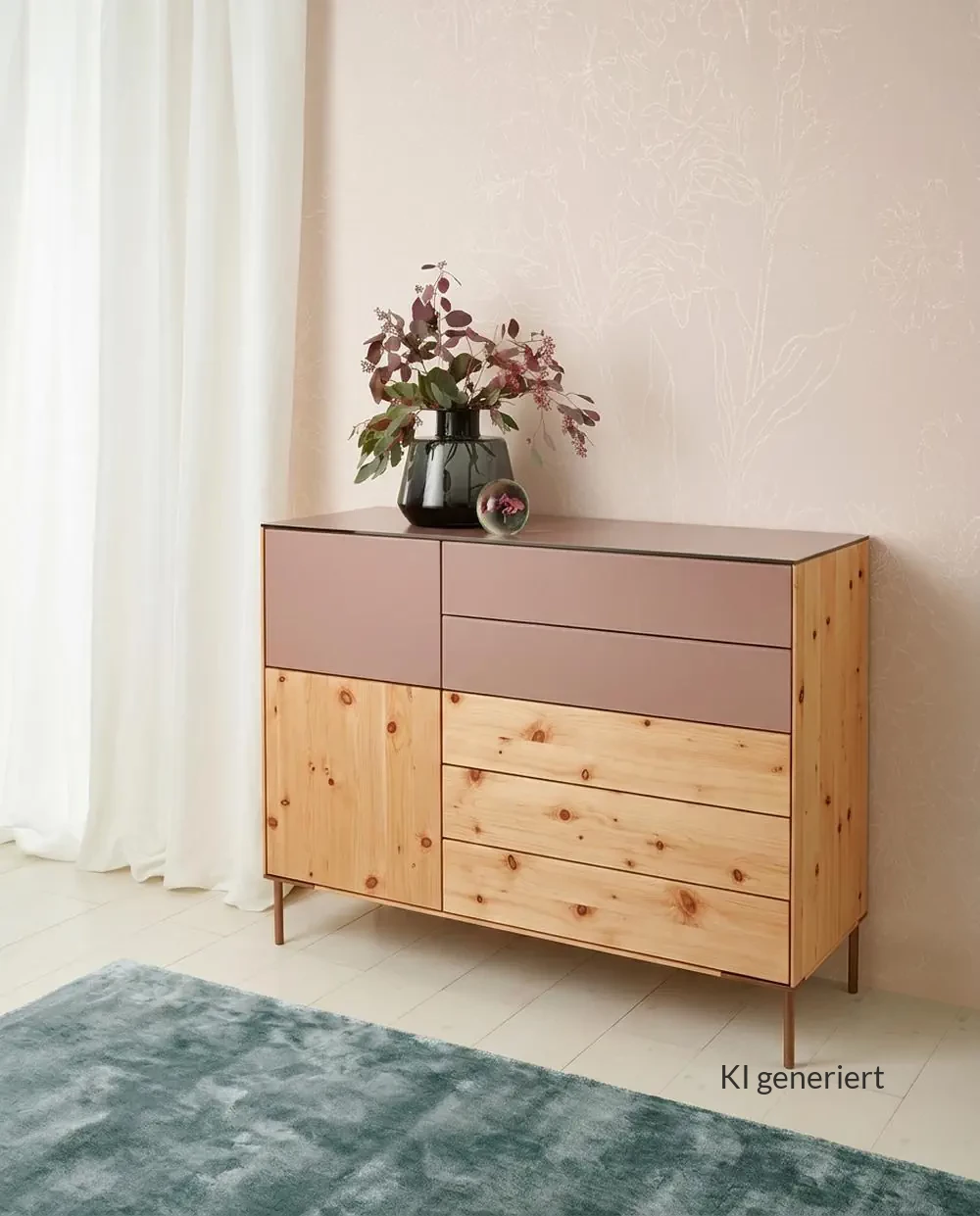 Anrei Puro Kommode aus Zirbenholz mit rosa Fronten und Metallfüßen.