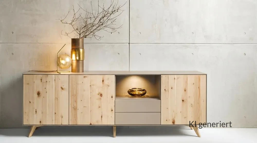 Anrei Puro Sideboard aus Zirbenholz mit offenen Fächern und Schubladen.