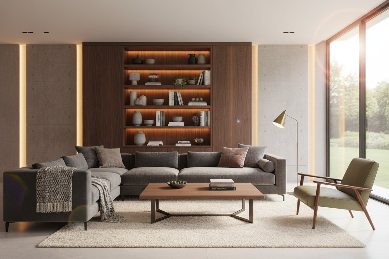 Ein modernes Wohnzimmer mit einer großen grauen Eckcouch, einem Holztisch, einem grünen Sessel und einer beleuchteten Holzregalwand.
