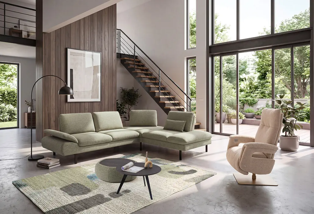 Activineo Brunetti Ecksofa mit Steckrücken, hellgrüner Stoffbezug, modernes Design.