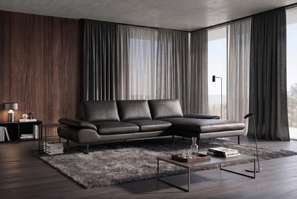 Activineo Brunetti Longchair Kombi in schwarzem Leder mit moderner Linienführung.
